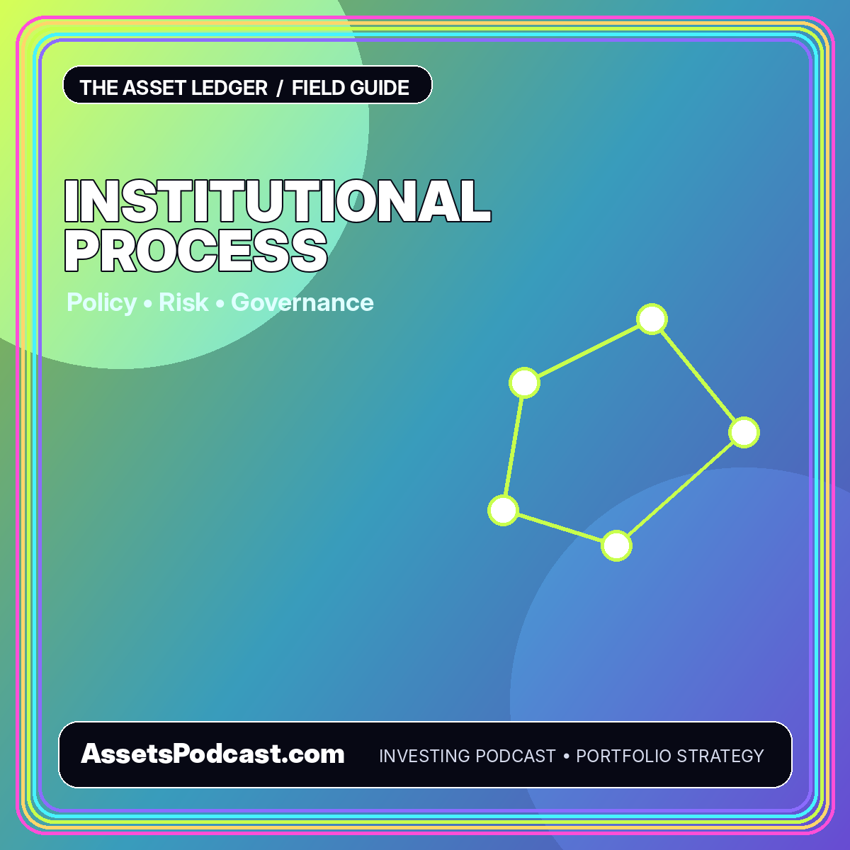 Neon typography card reading Institutional Process with governance nodes and policy bands